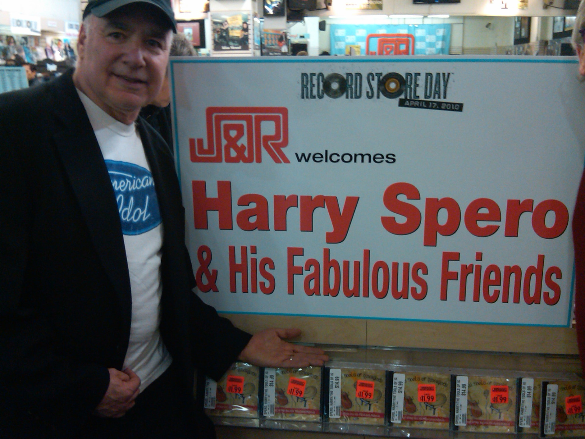 Harry Spero beside the J&R welcome sign on Record Store Day 2010